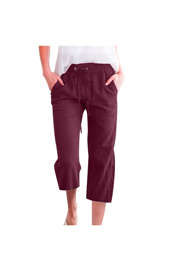 Women's Plus Size Cotton Linen Solid Pockets Drawstring Capri Pants, Capris for Women