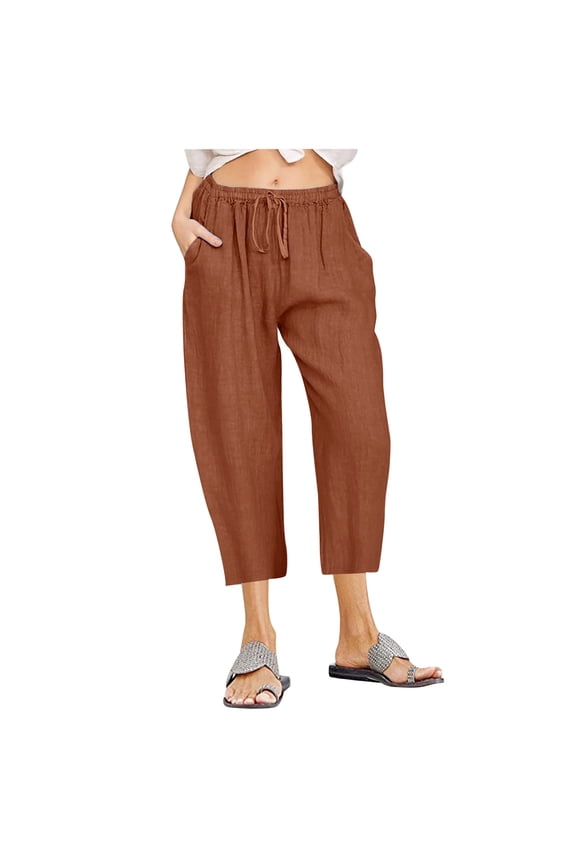 Women's Plus Size Cotton Linen Solid Pockets Drawstring Capri Pants, Plus Size Capris for Women with Pockets