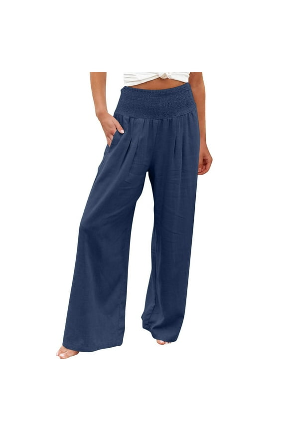 Women's Smocked High Waisted Cotton Linen Wide Leg Pants Palazzo with Pockets