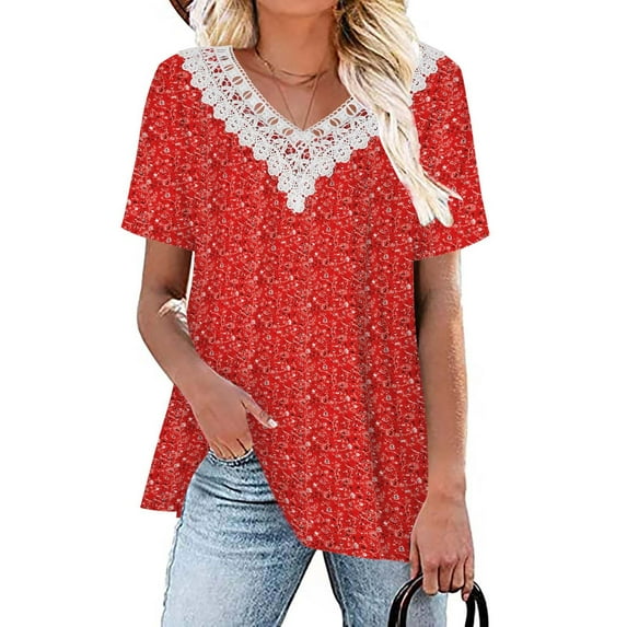 Summer Savings Clearance 2024! AKAFMK Short Sleeve Shirts for Women,Women Plus Size Tops,Womens Dressy Tops,Fashion Casual V Neck Lace Stitching Blouse Floral Print Pullover Top