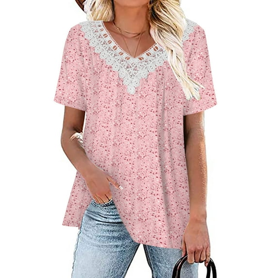 ITSUN Womens Fall Fashion 2023,Womens Tops,Plus Size Tops for Women,Short Sleeves V-Neck Print Blouse Pullover Tops Short Sleeve Blouses Shirts Gold L