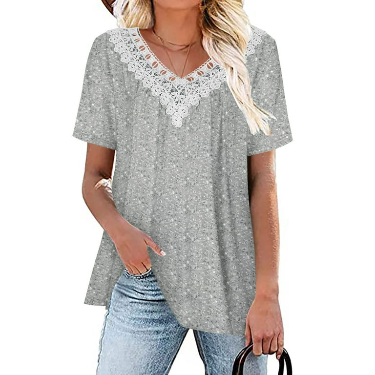Printed Short-Sleeved Lace Stitching V-Neck T-Shirt Printed Short-Sleeved Lace Stitching V-Neck T-Shirt