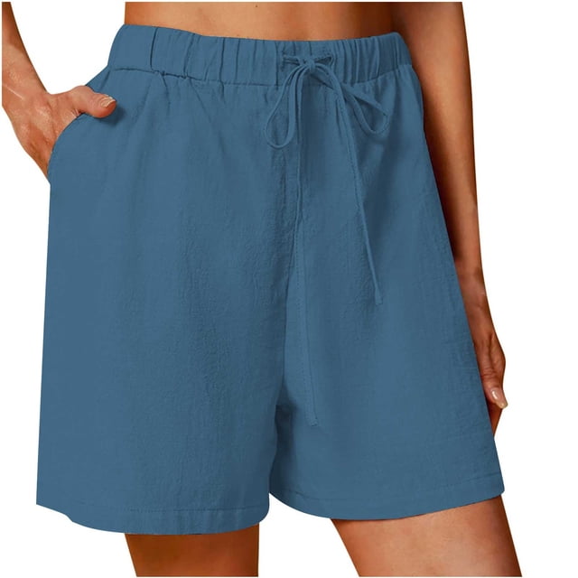 AKAFMK Womens Drawstring Shorts,Elastic Waist Shorts for Women,Women's Cotton Linen Shorts Solid Color Comfortable Elastic Wide Leg Casual Shorts