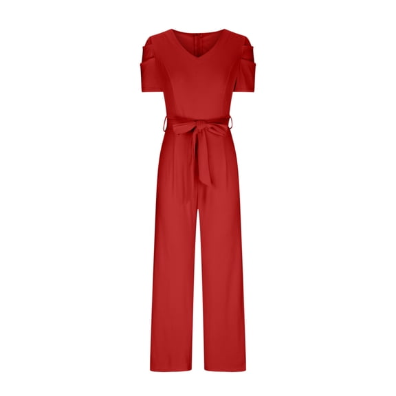 Black*Friday Discounted Items under $5 Summer GaThRRgYP Jumpsuits for Women,Women Strappy Waist Up Short Sleeved Jumpsuit with V-Neck Wide Leg Pants