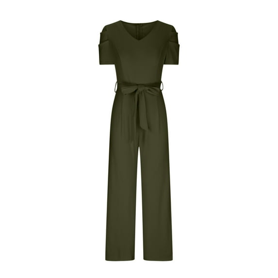Black*Friday Womens Clothing Clearance under $5 GaThRRgYP Jumpsuits for Women,Women Strappy Waist Up Short Sleeved Jumpsuit with V-Neck Wide Leg Pants