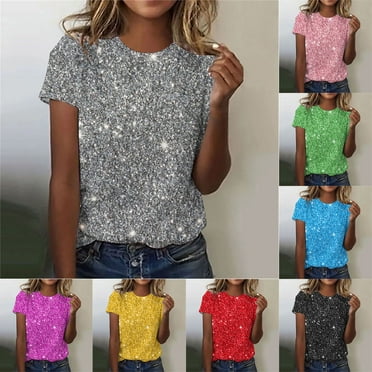 Summer Savings Clearance 2024! Itsun Womens Tops,Women's Casual Summer Sequin Crystal Printed Top Round Neck Short Sleeve Sparkly Party Blouse Yellow S