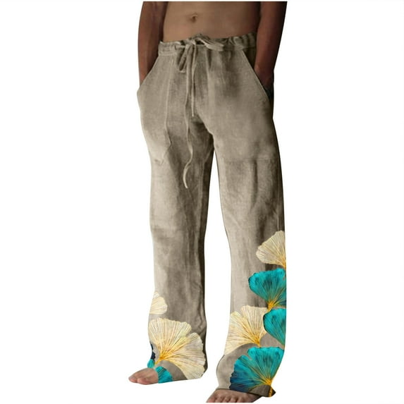 Summer Savings Clearance 2023! Loopsun Mens Pants, Printing Casual Elastic Waist Lace-up Wide Leg Pants with Pocket Khaki A