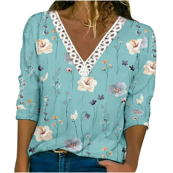Summer Savings Clearance 2023! Loopsun Graphic Tees for Women, Casual Lace V-Neck Long Sleeve Printing Fashion Pullover Blue P