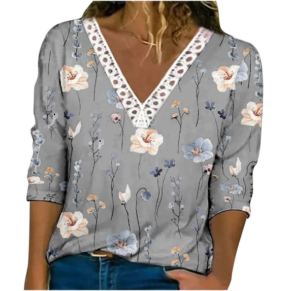Summer Savings Clearance 2023! Loopsun Graphic Tees for Women, Casual Lace V-Neck Long Sleeve Printing Fashion Pullover Gray R