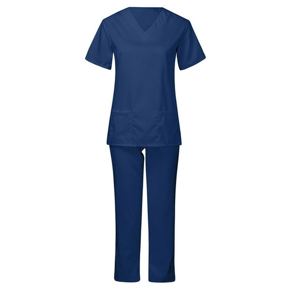 Loopsun Womens Uniform Sets, Women's Short-Sleeved Solid Pocket V-Neck Nurse Suit Dark Blue