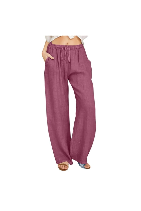 Straight Leg Pant Women, Plus Size Womens Slacks, Casual Cotton Linen Drawstring Elastic Waist Long Wide Leg Pants, Palazzo Pants Casual Lounge Pant Trousers