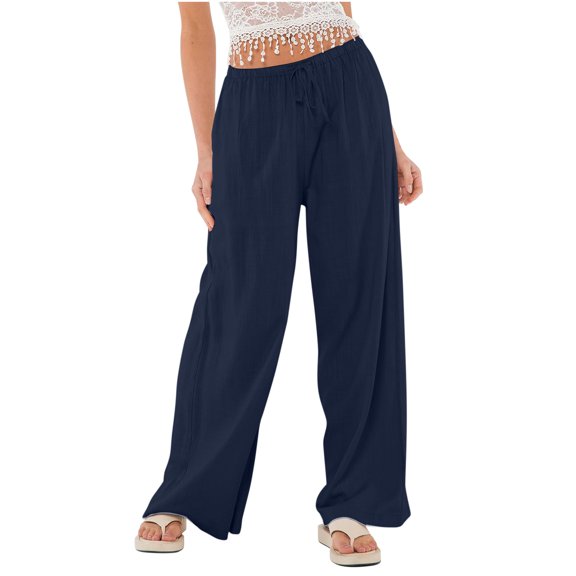 Mgmyaa Wide Leg Pants Women, Plus Size Womens Slacks, Linen Bohemian Wind Beach Pants, Drawstring Loose Elastic Waist Casual Palazzo Pants Casual Lounge Pant Trousers