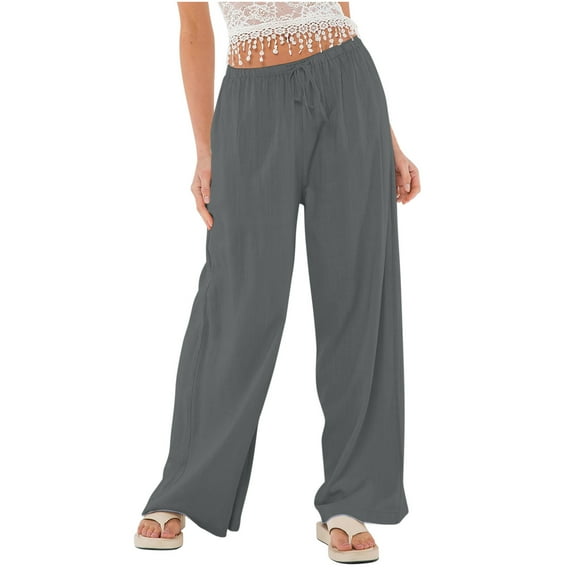 Mgmyaa Wide Leg Pants Women, Plus Size Womens Slacks, Linen Bohemian Wind Beach Pants, Drawstring Loose Elastic Waist Casual Palazzo Pants Casual Lounge Pant Trousers