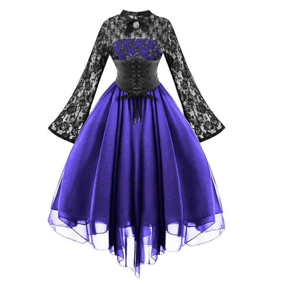 Summer Savings Clearance 2024! TAGOLD Halloween Dress for Womens,Women Fashion Gothic Style Sexy Round Neck Banquet Festival Off Shoulder Half Sleeve Dress Lace Chiffon Dress