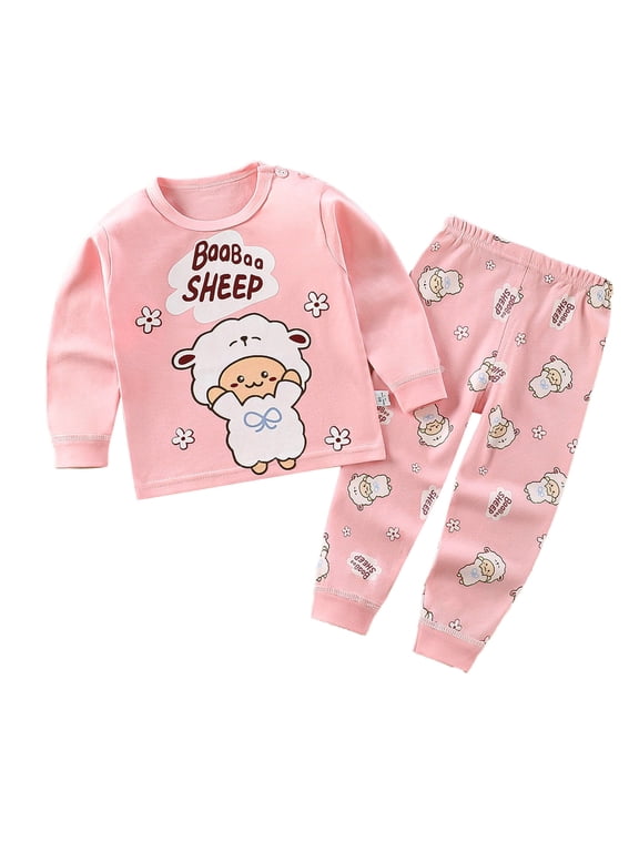 Kids Sets, Toddler Baby Kids Winter Boys Girls Solid Color Flower Sheep Print Long Sleeved Home Wear Clothes Suit