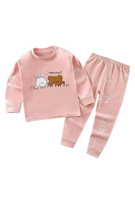 Kids Sets, Toddler Baby Kids Winter Boys Girls Solid Color Rabbit Bear Print Long Sleeved Home Wear Clothes Suit