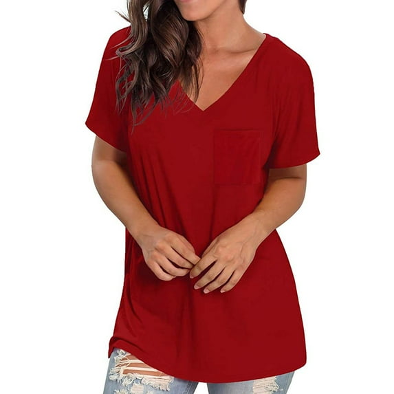 Summer Savings Clearance 2024! TAGOLD Summer Short Sleeve Tops for Womens Women's Fashion Gradient Solid Blouse V-neck Short Sleeve Loose T-shirt Pockets Tops Wine S