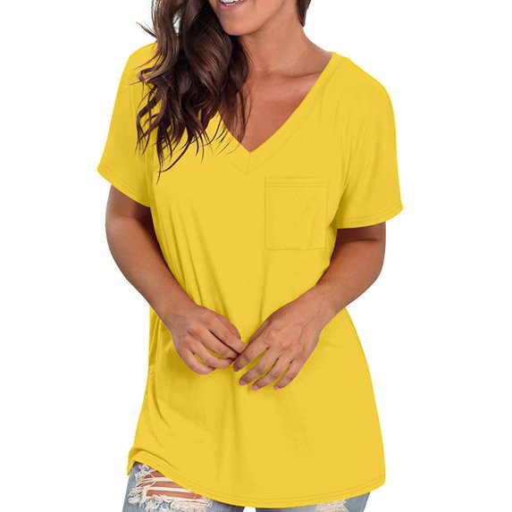 Summer Savings Clearance 2024! TAGOLD Summer Short Sleeve Tops for Womens Women's Fashion Gradient Solid Blouse V-neck Short Sleeve Loose T-shirt Pockets Tops Yellow L