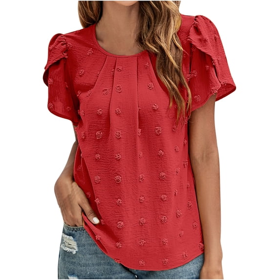 Summer Savings Clearance 2024! TAGOLD Summer Short Sleeve Tops for Womens Women's Fashion Short Sleeves Round Neck Solid Color Loose Tops Blouse Knitted Sweater Red S