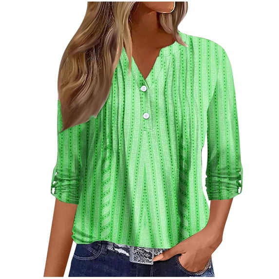 Summer Savings Clearance 2024! TAGOLD Summer Tops T-shirt Blouse for Womens,Women's Fashion Solid Long Sleeve Blouse Buttons V Neck Casual Tops