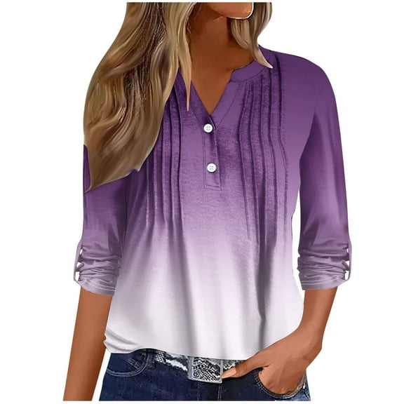 TAGOLD Summer Tops T-shirt Blouse for Womens,Women's Fashion Solid Long Sleeve Blouse Buttons V Neck Casual Tops