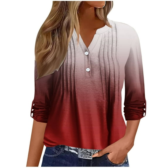 Summer Savings Clearance 2024! TAGOLD Summer Tops T-shirt Blouse for Womens,Women's Fashion Solid Long Sleeve Blouse Buttons V Neck Casual Tops