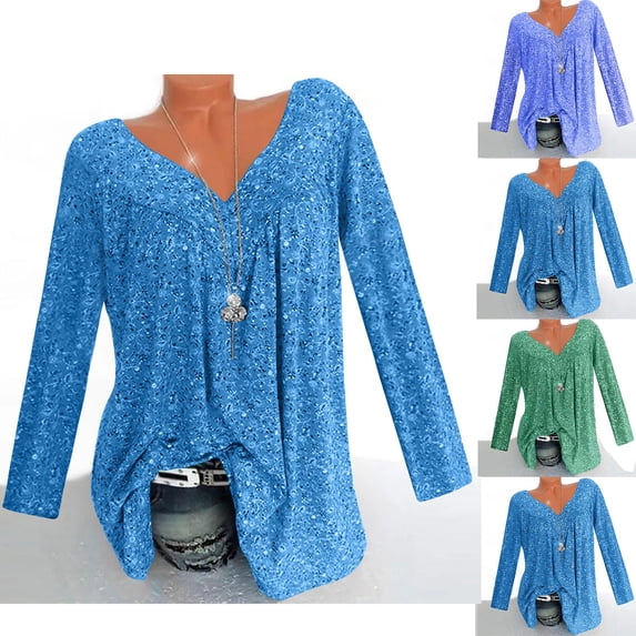 Summer Savings Clearance 2024! TAGOLD Summer Tops,Women Plus Size Long Sleeved V-Neck Print Blouse Pullover Tops Shirt