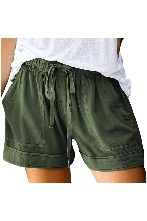 Womens Comfy Drawstring Splice Casual Elastic Waist Pocketed Loose Shorts Pants Army Green 10