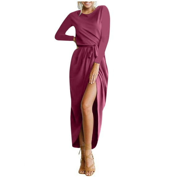 Summer Savings Clearance 2024! TAGOLD Womens Dress, Fashion Women Round Neck High Waist Bandage Solid Color Casual Split Dress