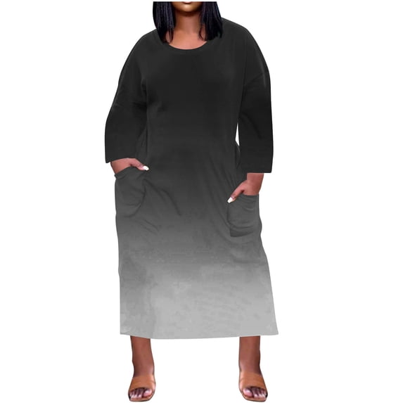 Summer Savings Clearance 2024! TAGOLD Womens Dress, Plus Size Dress For Women Round-Neck Casual Sundresses Pocket Knee Long Sleeve With Pockets