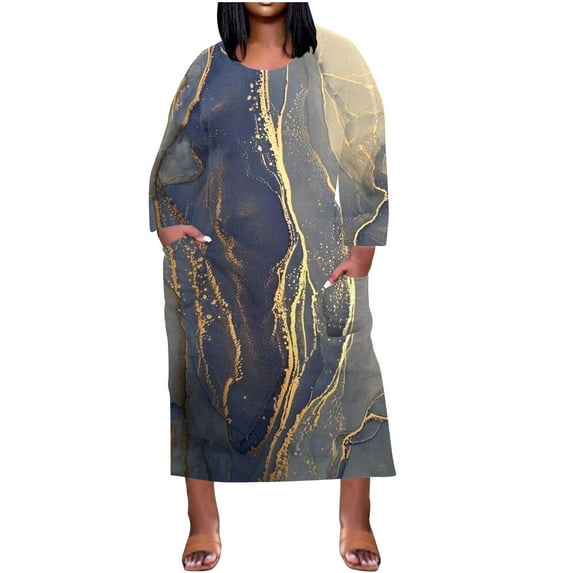 Summer Savings Clearance 2024! TAGOLD Womens Dress, Plus Size Dress For Women Round-Neck Casual Sundresses Pocket Knee Long Sleeve With Pockets