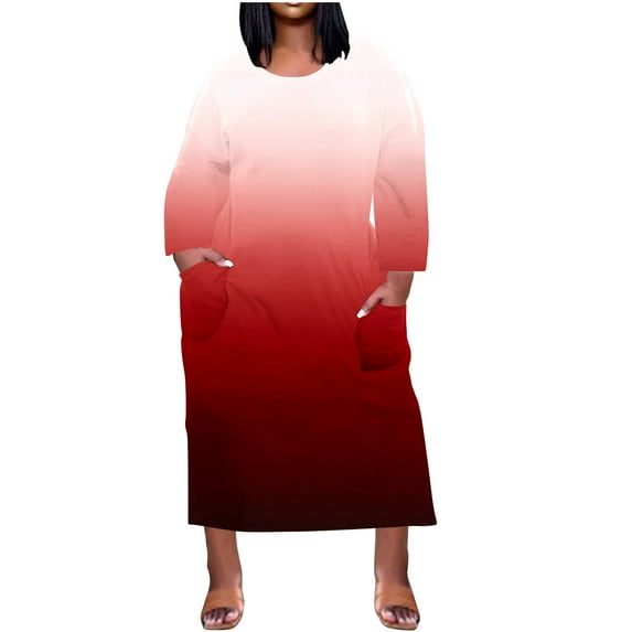 Summer Savings Clearance 2024! TAGOLD Womens Dress, Plus Size Dress For Women Round-Neck Casual Sundresses Pocket Knee Long Sleeve With Pockets