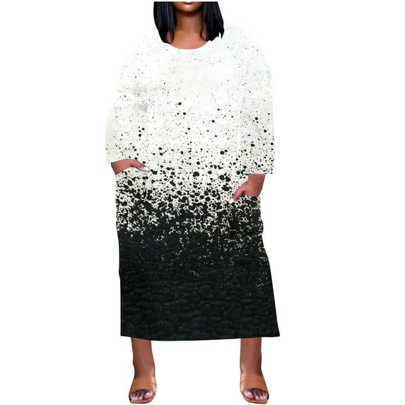 Summer Savings Clearance 2024! TAGOLD Womens Dress, Plus Size Dress For Women Round-Neck Casual Sundresses Pocket Knee Long Sleeve With Pockets