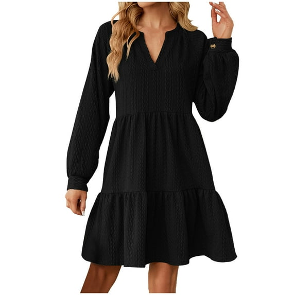 Summer Savings Clearance 2024! TAGOLD Womens Dress,Women Fashion Casual Comfy Long SleeveleV-Neck Knee-High Dresses