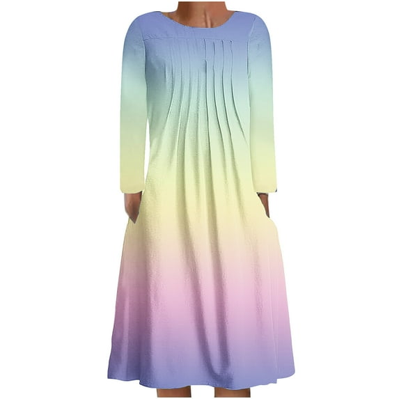 Summer Savings Clearance 2024! TAGOLD Womens Dress,Women's Casual Round Neck Long Sleeve Folding Floral Printed Dresses