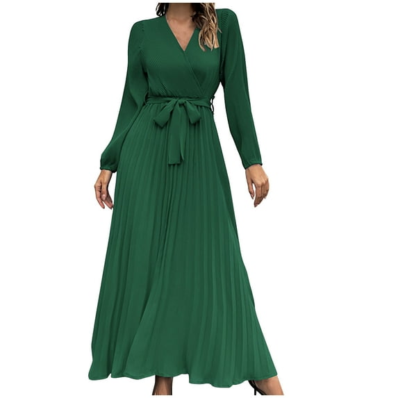 Summer Savings Clearance 2024! TAGOLD Womens Dress,Women's Casual Slim Pleated Belted Long-Sleeve V-Neck A-Line Color Dress