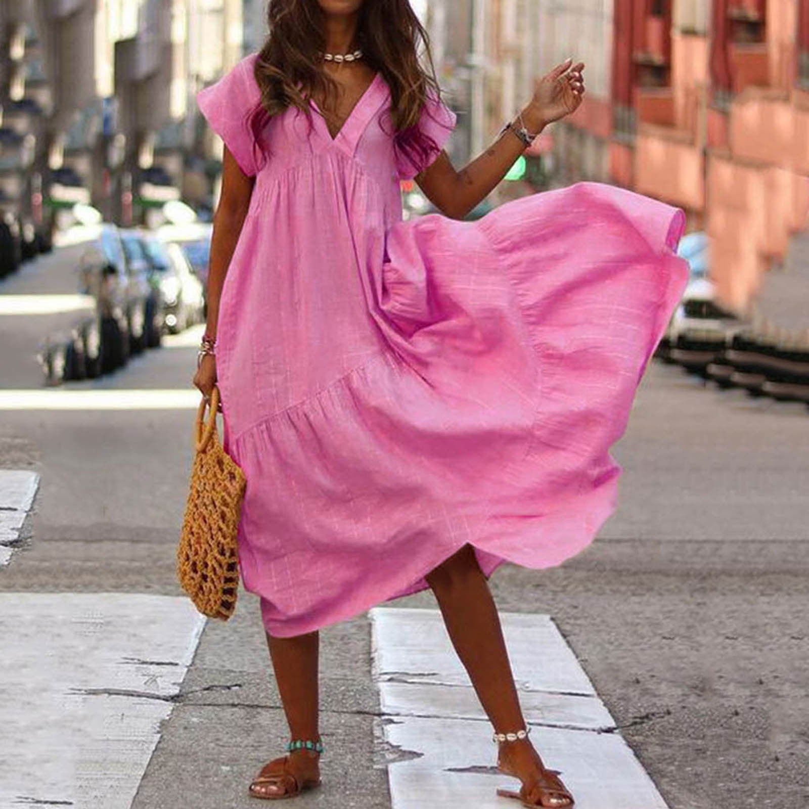 Summer Savings Clearance 2024! TAGOLD Womens Summer Dress, Women's Summer  Casual V-Neck Short Sleeve Solid High Waist Loose Irregular Dresses Hot Pink  S - Walmart.com