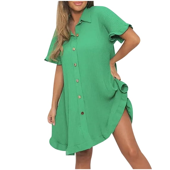 Summer Savings Clearance 2024! TAGOLD Womens Dress,Women's Color Shirt Skirt Ruffle Sleeve Irregular Shirt Dress Short Sleeve V-Neck Knee Length Dress