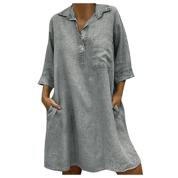 Summer Savings Clearance 2024! TAGOLD Womens Dress,Womens Spring And Summer Lapel Cotton Linen Button Dress Casual Pocket 3/4 Sleeve Shirt Dress