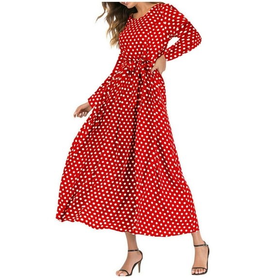 TAGOLD Womens Dresses,Fashion Women Round Neck Long Sleeve Beach Polka Dot Bandage Long Dress