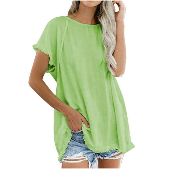 Summer Savings Clearance 2024! TAGOLD Womens Plus Size Summer Tops,Fashion Women's Solid Plain Tassel Casual Top Tops Round Neck Short Sleeve Blouse Green XL