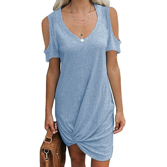 Summer Savings Clearance 2024! TAGOLD Womens Summer Dress, Women Fashion Round Neck Strapless Solid Short Sleeve Dress Casual Loose Dress Sky Blue M