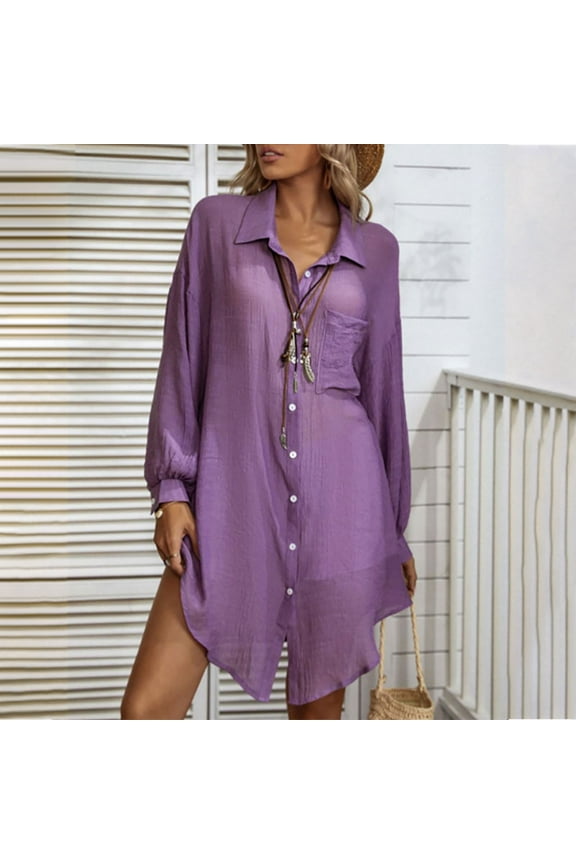 Womens Summer Dresses, Fashion Women Summer Button Casual Solid V-Neck Long Sleeve Mini Dress Purple L