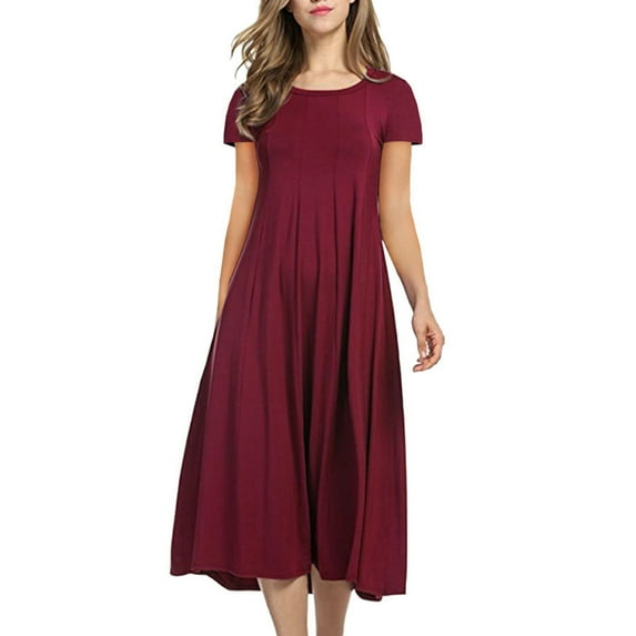 TAGOLD Womens Summer Dresses,Sexy Women's Solid Short Sleeve Round Neck Pleated Slim Ladies Vintage A-Line Dress Dresses Wine 4