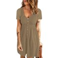 thumbnail image 1 of Summer Savings Clearance 2024! TAGOLD Womens Summer Dresses,Women's Fashion Casual Comfortable Solid Short Sleeve Round Neck Button Knee Length Dress Khaki 10, 1 of 5