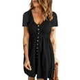 thumbnail image 1 of TAGOLD Womens Summer Dresses,Women's Fashion Casual Comfortable Solid Short Sleeve Round Neck Button Knee Length Dress Black 4, 1 of 5