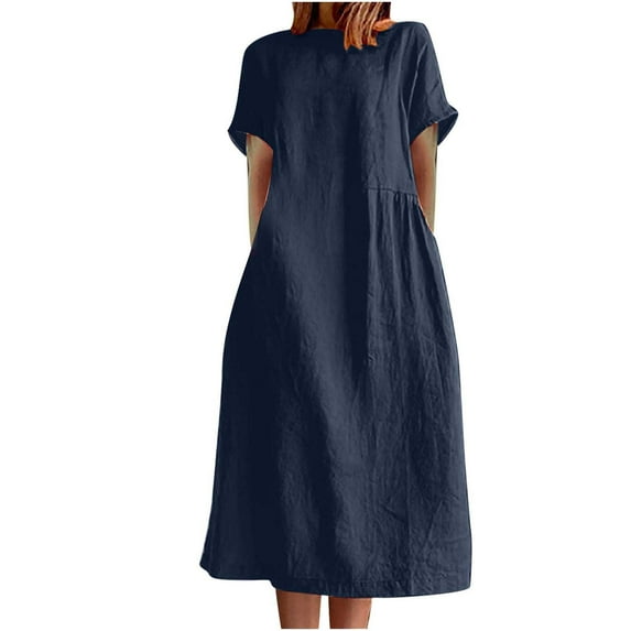 TAGOLD Womens Summer Dresses,Women's Summer Fashion Solid Color Round Neck Short Sleeve Cotton Linen Dress Navy 10
