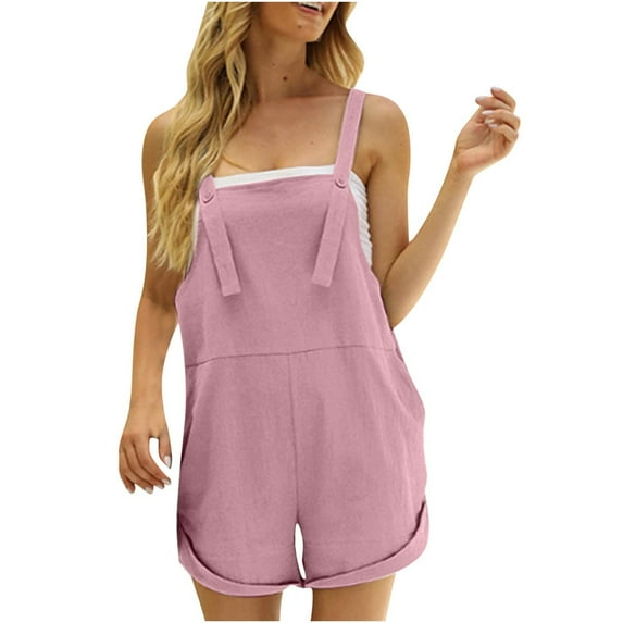 Summer Savings Clearance 2024! TAGOLD Womens Summer Jumpsuit,Woman Spring Summerl Solid Color Pocket Button Leisure Suspenders Pants Cotton And Linen Shorts Jumpsuit Pink 8