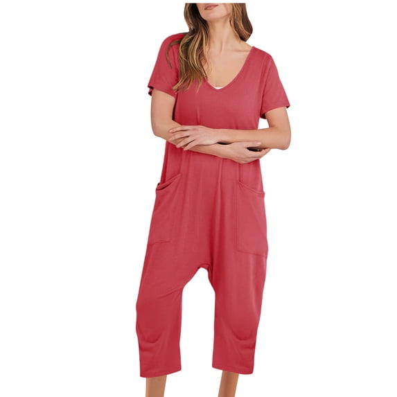 TAGOLD Womens Summer Pants,Fashion Women Casual Short Sleeve Jumpsuit Solid Jumpsuits Wide Pocket Leg Pant