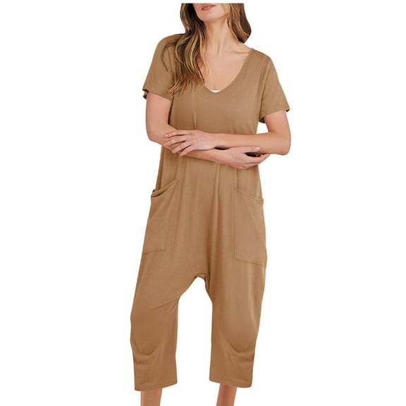 TAGOLD Womens Summer Pants,Fashion Women Casual Short Sleeve Jumpsuit Solid Jumpsuits Wide Pocket Leg Pant